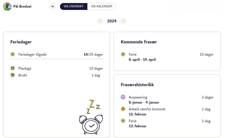Oversikt over feriedager og kommende fravær