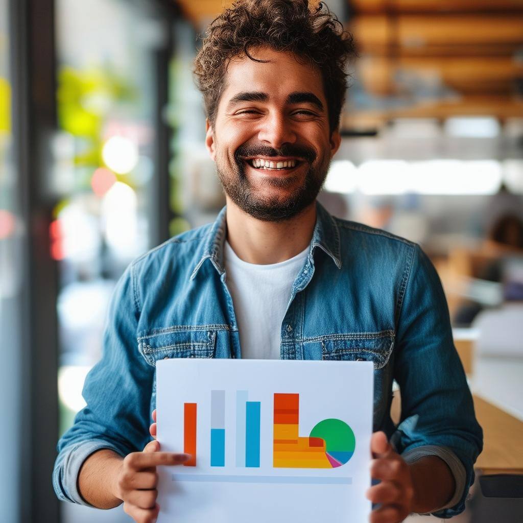 A happy person showing som nice statistics A happy person showing som nice statistics