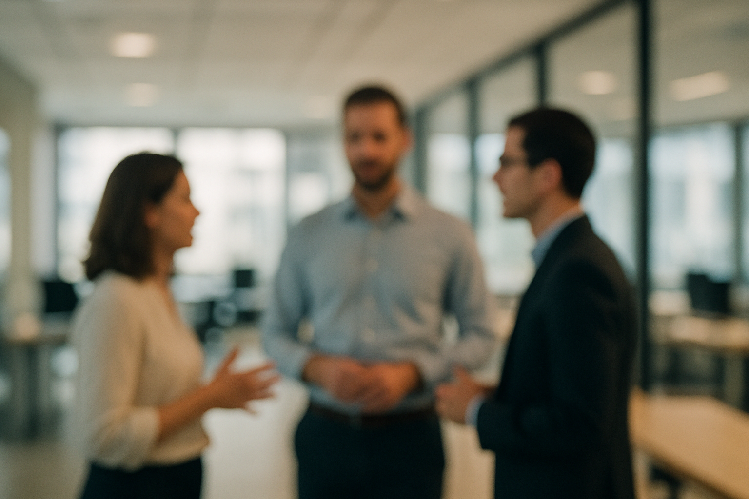 blurry office space with three perople talking-1